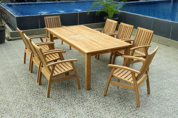 Montego 8 Seat Setting Teak 180cm table with 8 teak chairs